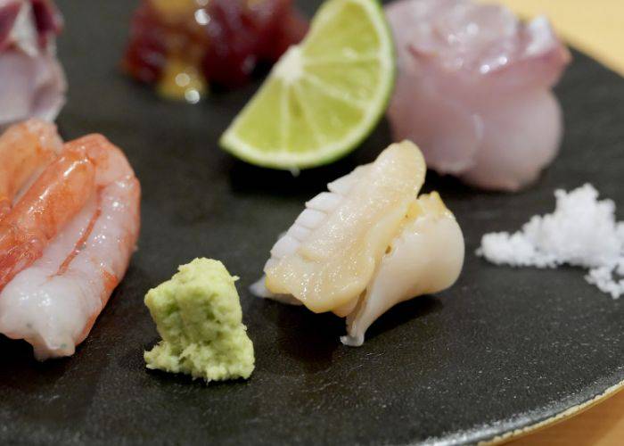 A seafood platter at Komatsu Yasuke, featuring fish, shrimp, wasabi and more.